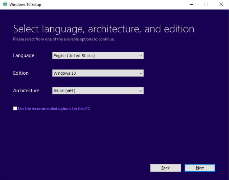 Выберите язык, версию и разрядность Windows 10